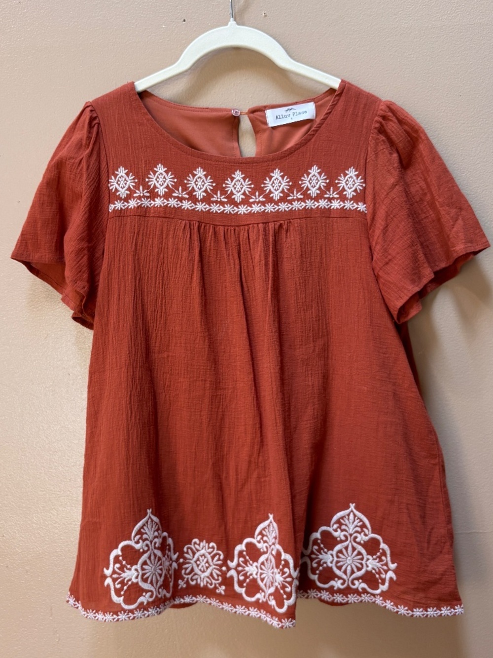 Aluv Place Embroidered Boho Short Sleeve Orange Top Size Small